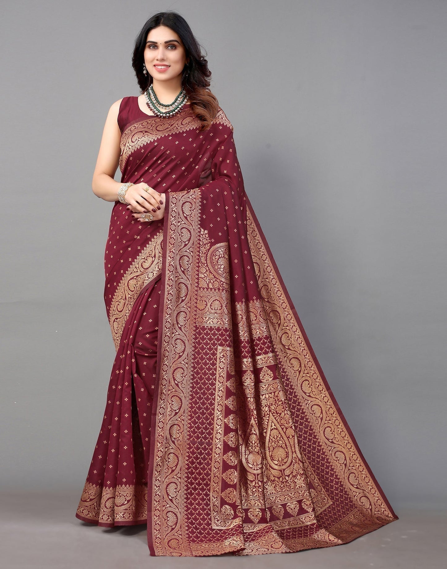 Maroon And Golden Banarasi Silk Saree | Sudathi