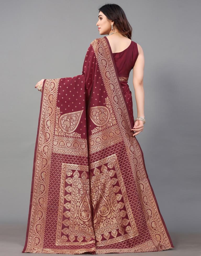 Maroon And Golden Banarasi Silk Saree | Sudathi