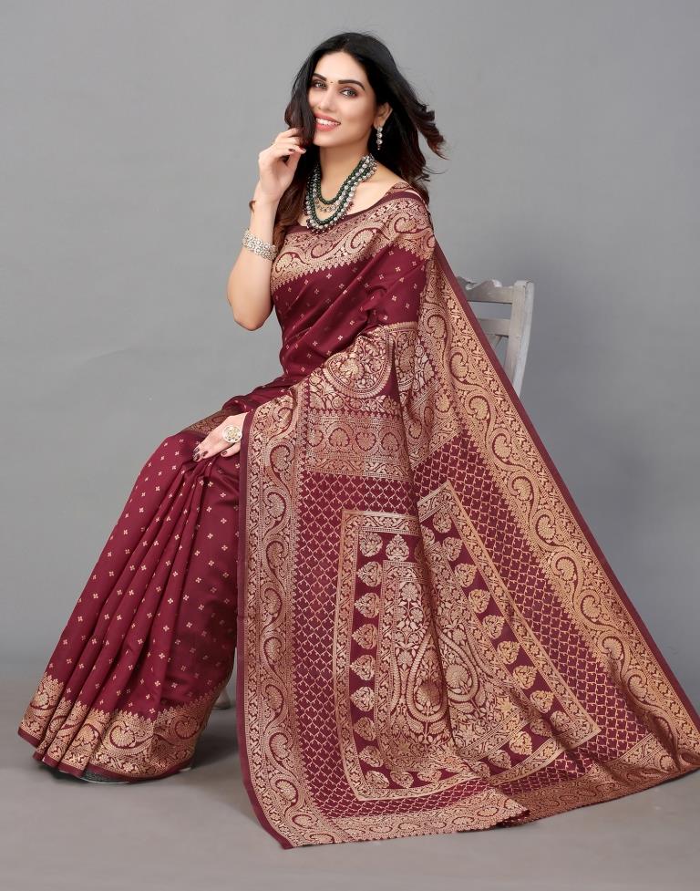 Maroon And Golden Banarasi Silk Saree | Sudathi