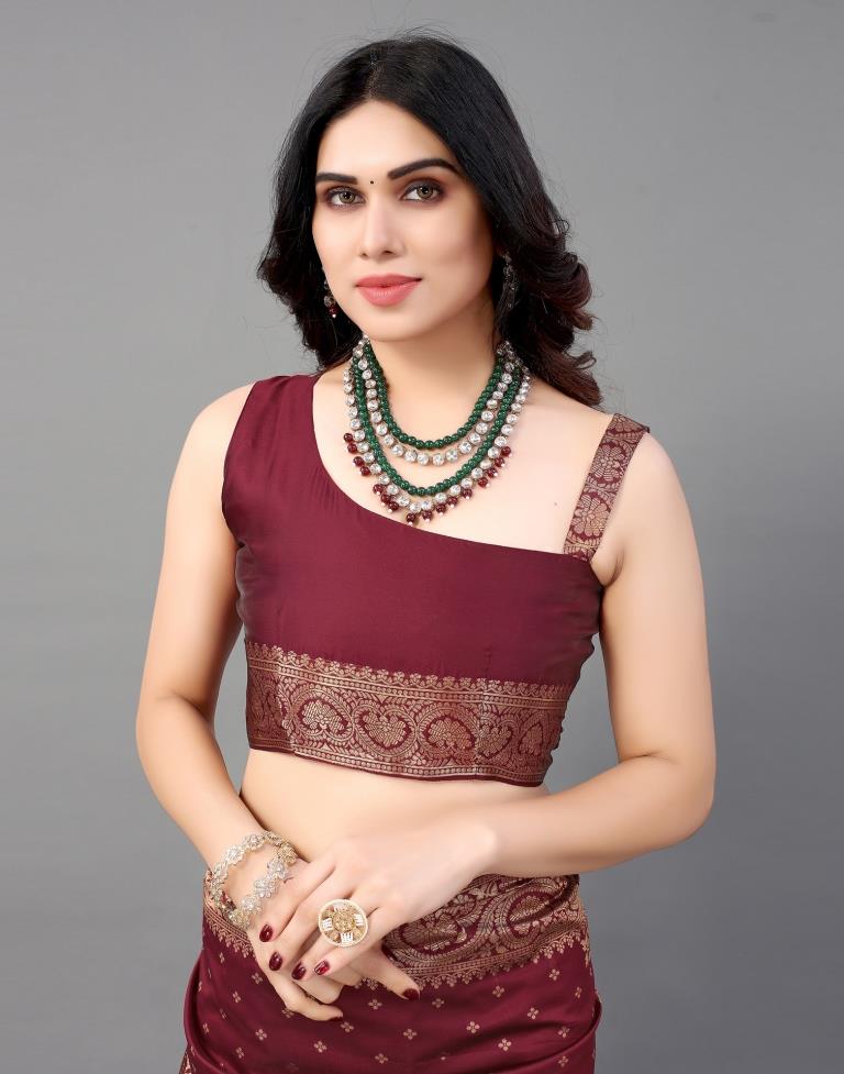 Maroon And Golden Banarasi Silk Saree | Sudathi