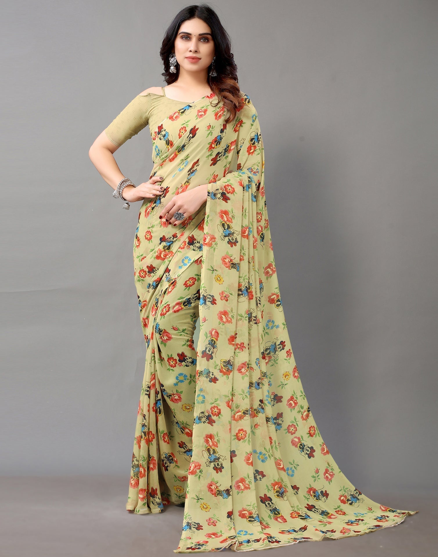 Khakhi Brown And Multicolored Georgette Saree | Leemboodi
