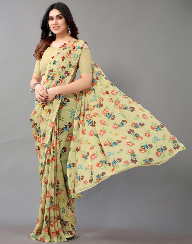 Khakhi Brown And Multicolored Georgette Saree | Leemboodi