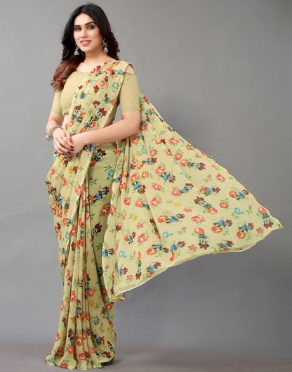 Khakhi Brown And Multicolored Georgette Saree | Leemboodi