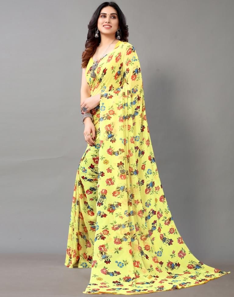 Light Yellow And Multicolored Georgette Saree | Leemboodi