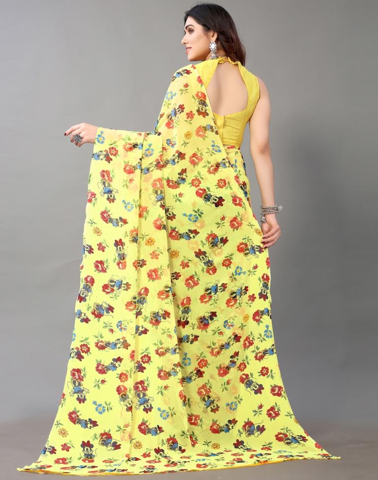 Light Yellow And Multicolored Georgette Saree | Leemboodi