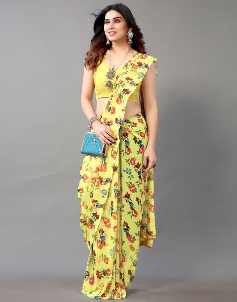 Light Yellow And Multicolored Georgette Saree | Leemboodi