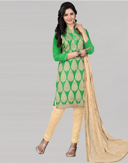 Green Silk Embroidered Unstitched Salwar Suit | Sudathi