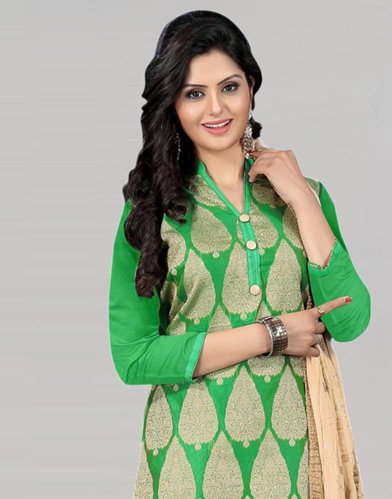 Green Silk Embroidered Unstitched Salwar Suit | Sudathi