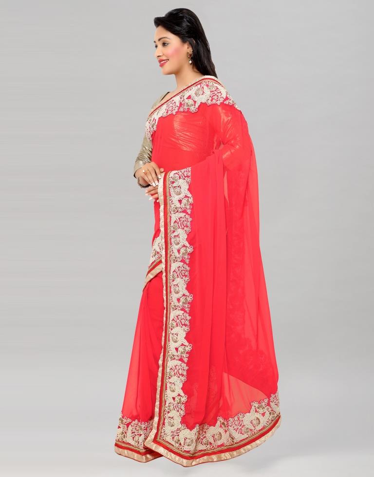 Peach Red Coloured Georgette Thread Work Partywear Saree | Sudathi
