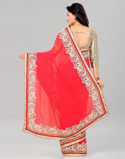 Peach Red Coloured Georgette Thread Work Partywear Saree | Sudathi