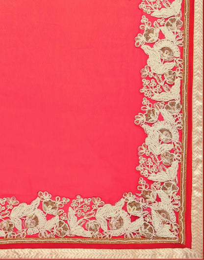 Peach Red Coloured Georgette Thread Work Partywear Saree | Sudathi
