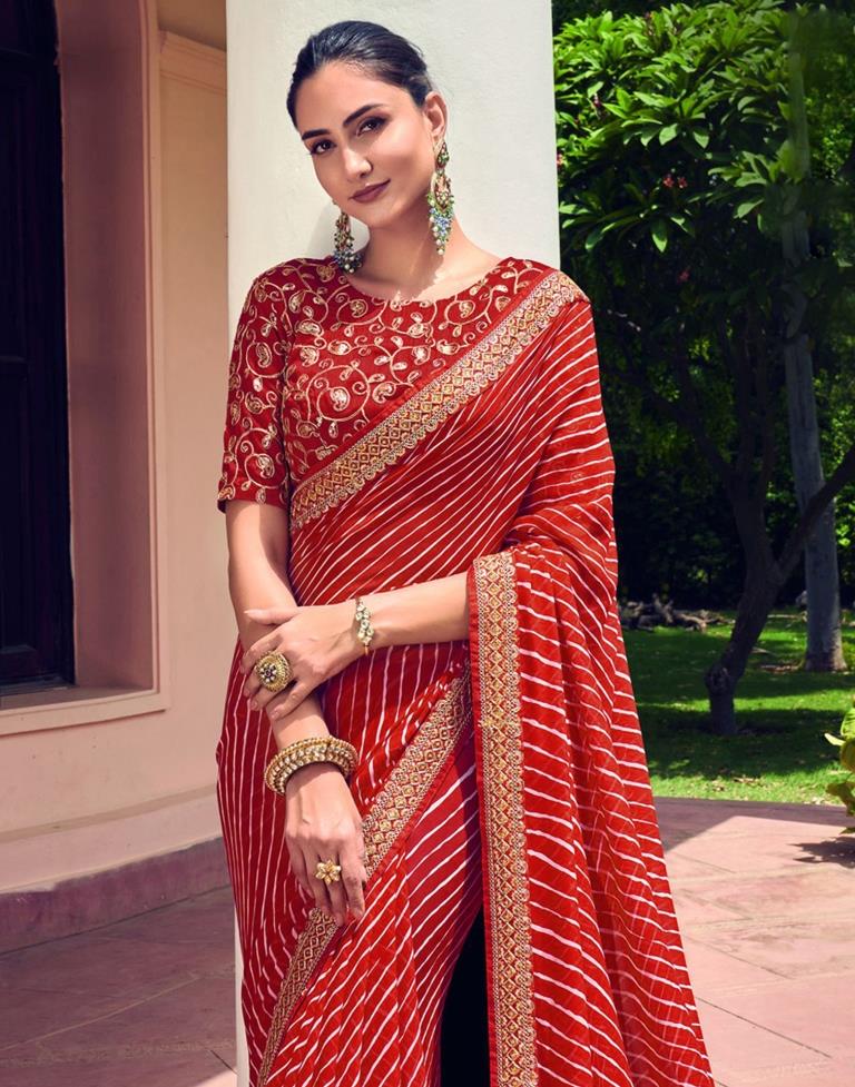 Red & White Leheriya Printed Georgette Saree | Sudathi