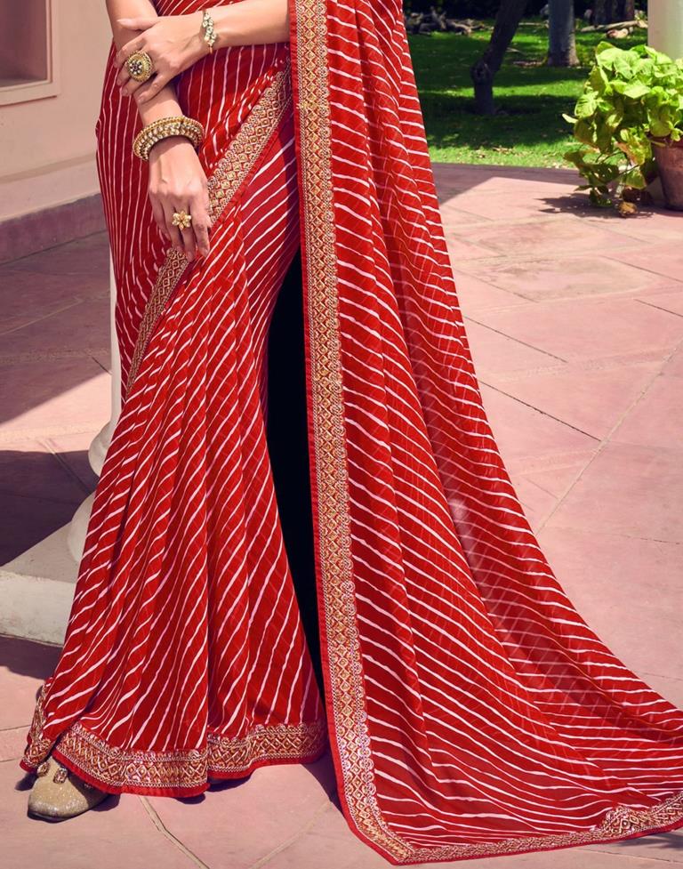 Red & White Leheriya Printed Georgette Saree | Sudathi