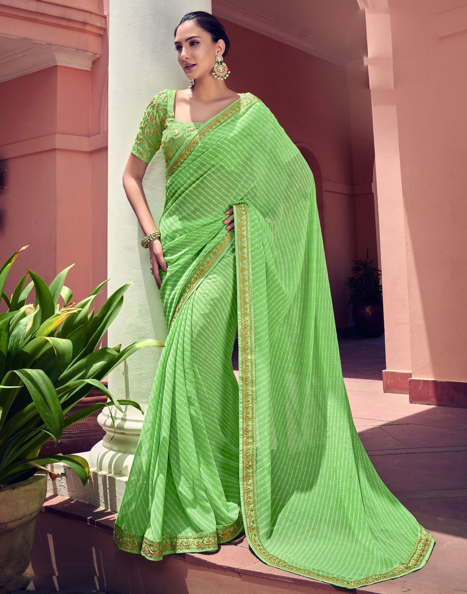 Light Green Leheriya Printed Georgette Saree | Sudathi