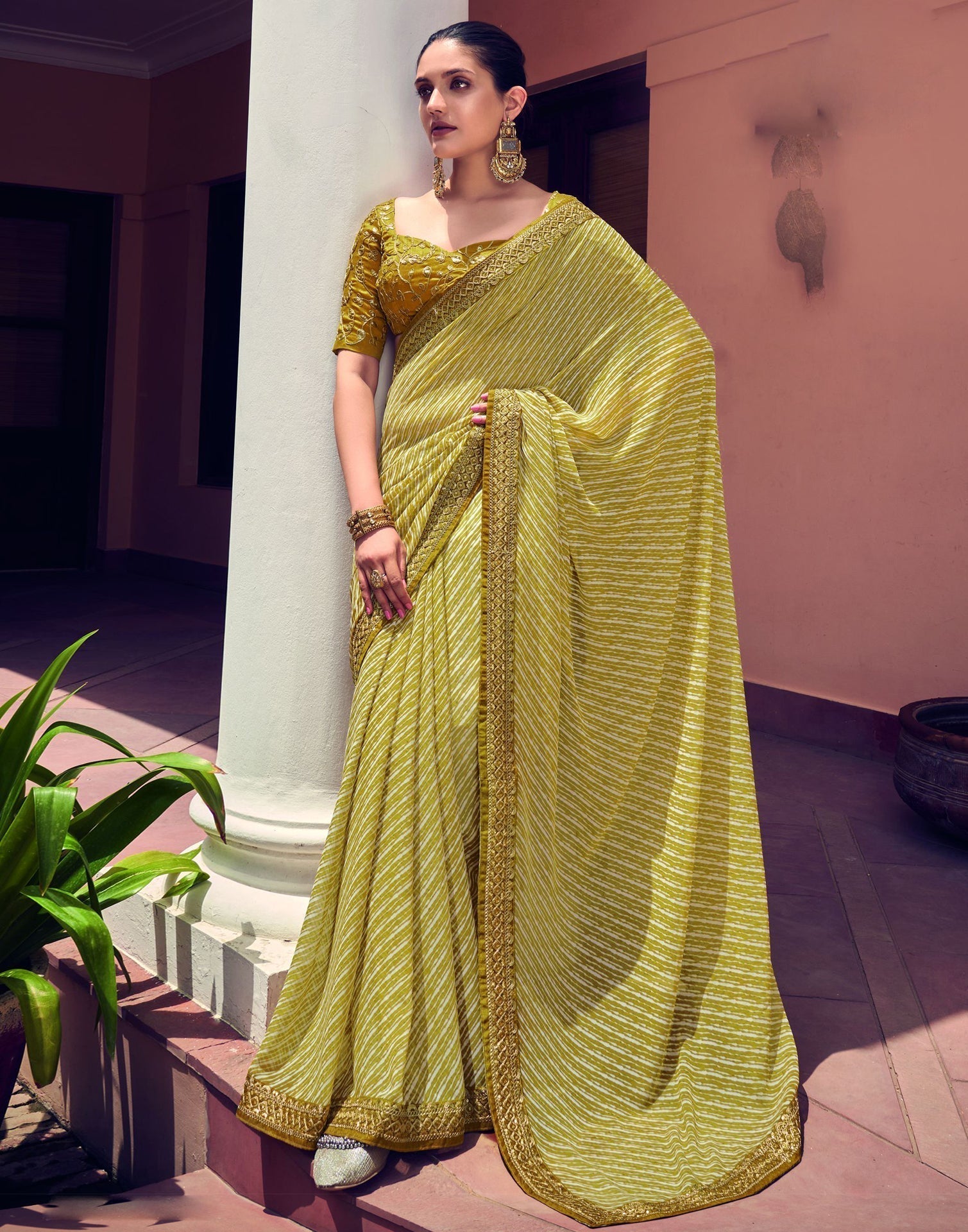 Mahendi Green Leheriya Printed Georgette Saree | Sudathi