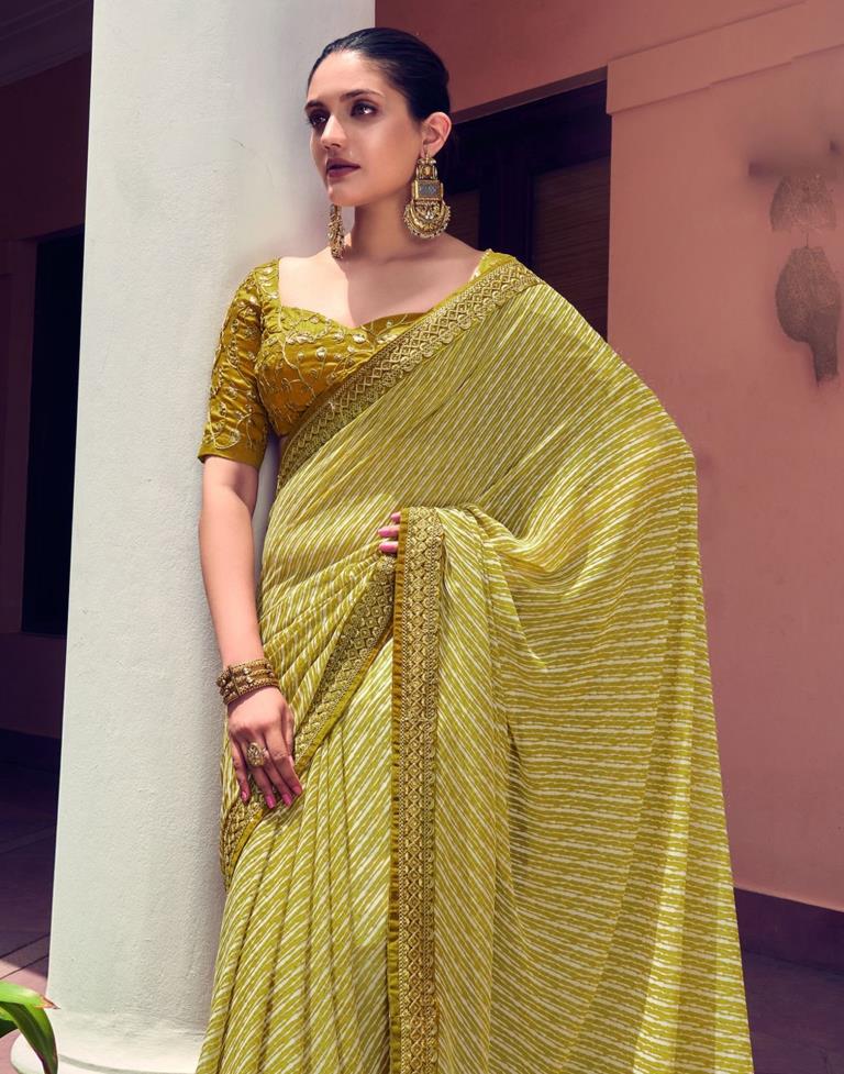 Mahendi Green Leheriya Printed Georgette Saree | Sudathi