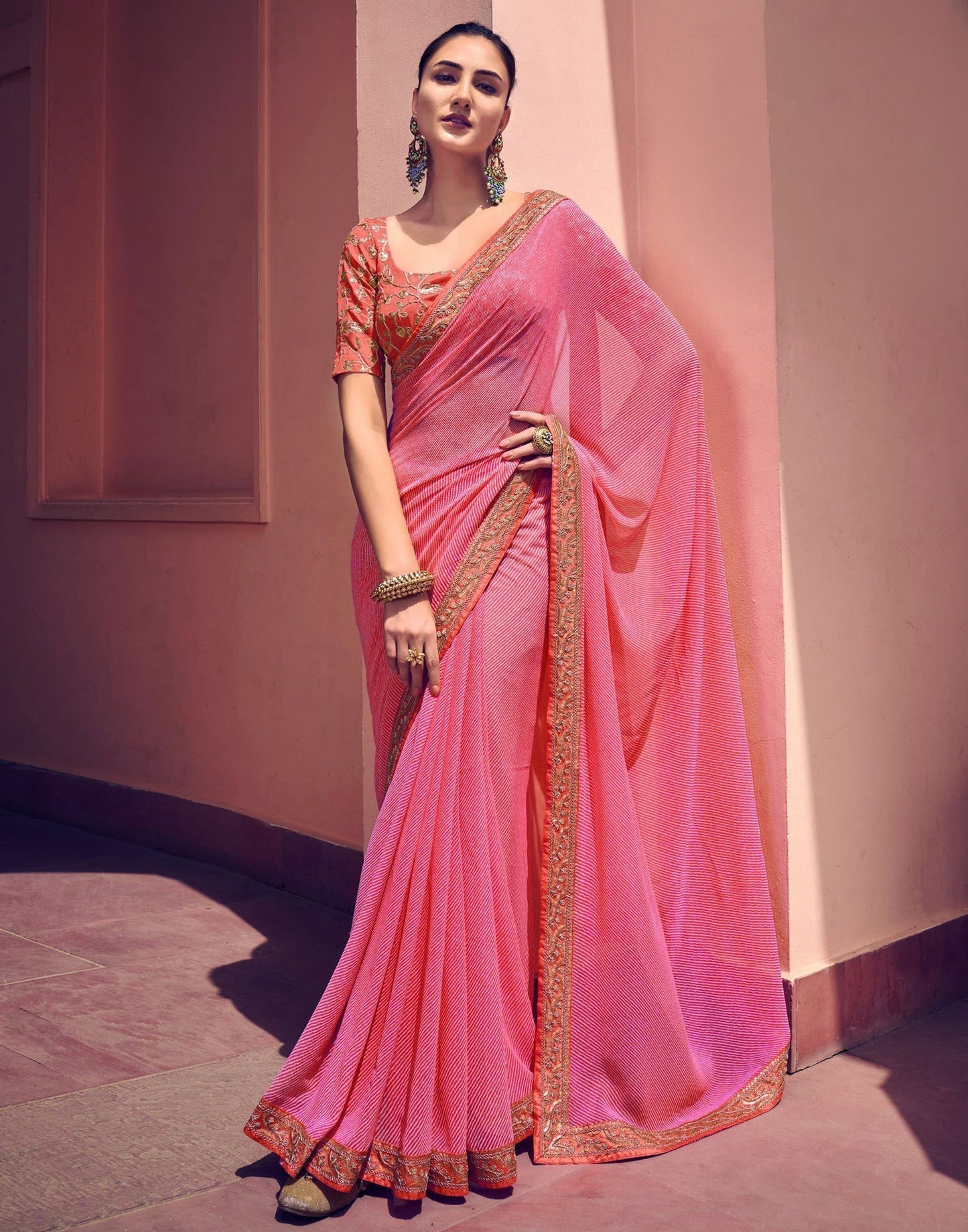 Light Pink Leheriya Printed Georgette Saree | Sudathi