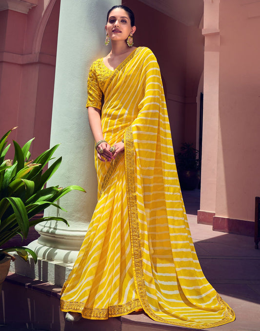 Yellow Leheriya Printed Georgette Saree | Sudathi