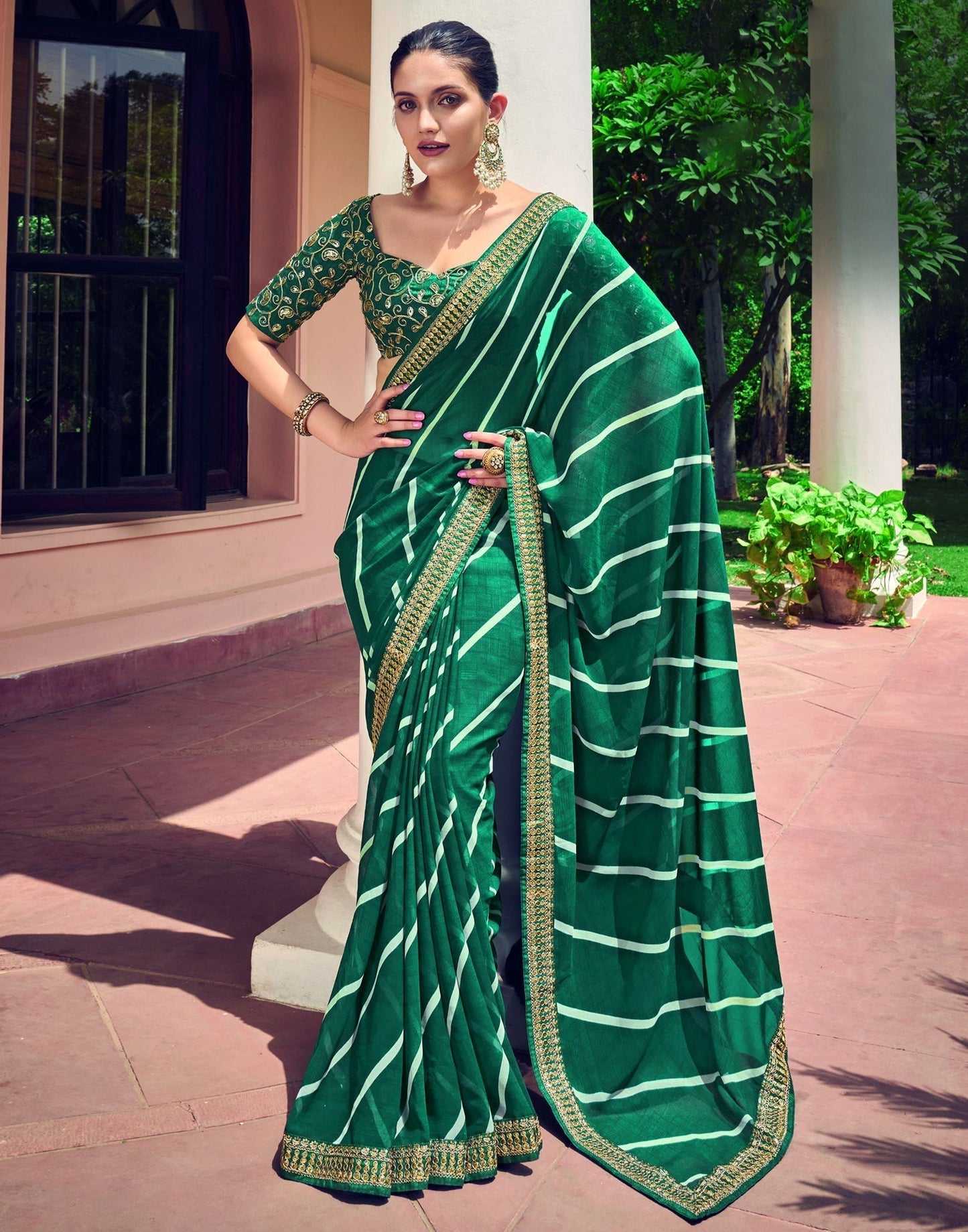 Green Leheriya Printed Georgette Saree | Sudathi