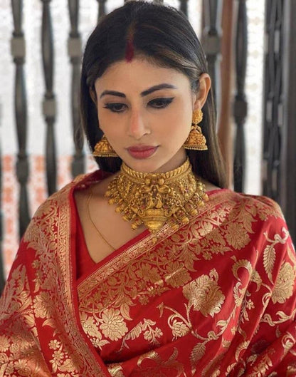 Red And Golden Banarasi Jacquard Saree | Sudathi