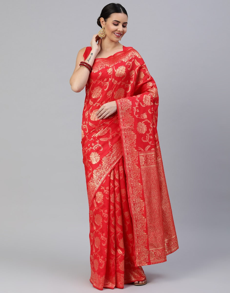 Red And Golden Banarasi Jacquard Saree | Sudathi