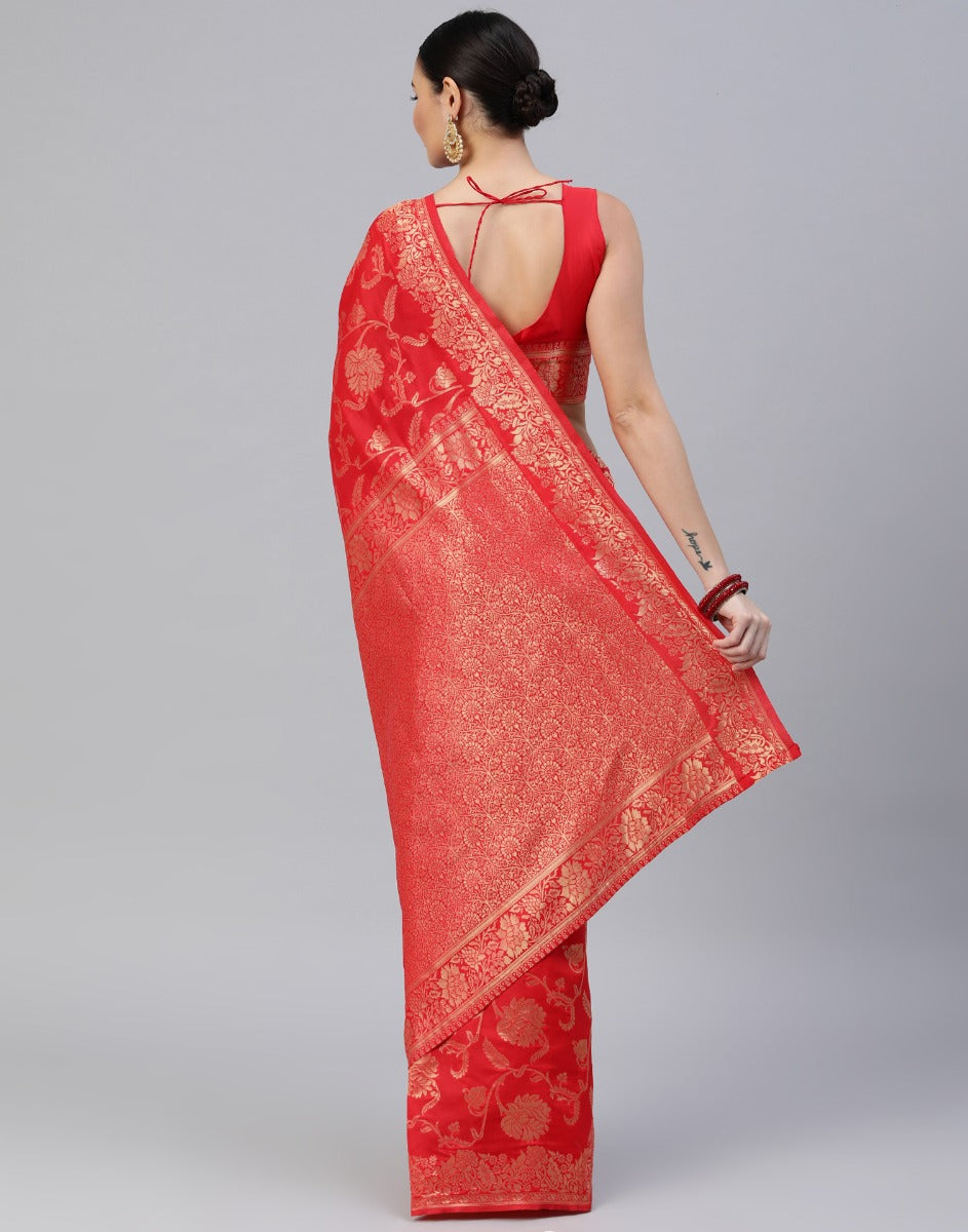 Red And Golden Banarasi Jacquard Saree | Sudathi