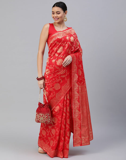 Red And Golden Banarasi Jacquard Saree | Sudathi