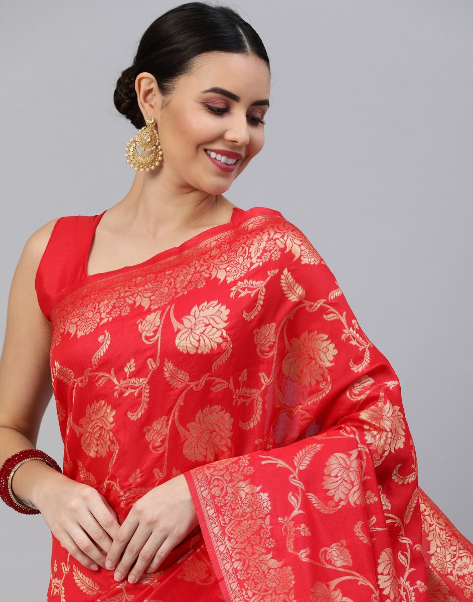 Red And Golden Banarasi Jacquard Saree | Sudathi