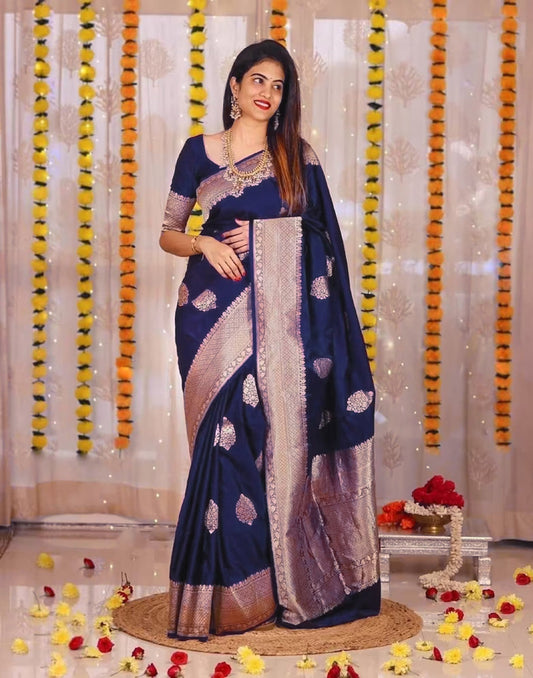 Navy Blue Banarasi Silk Saree | Sudathi