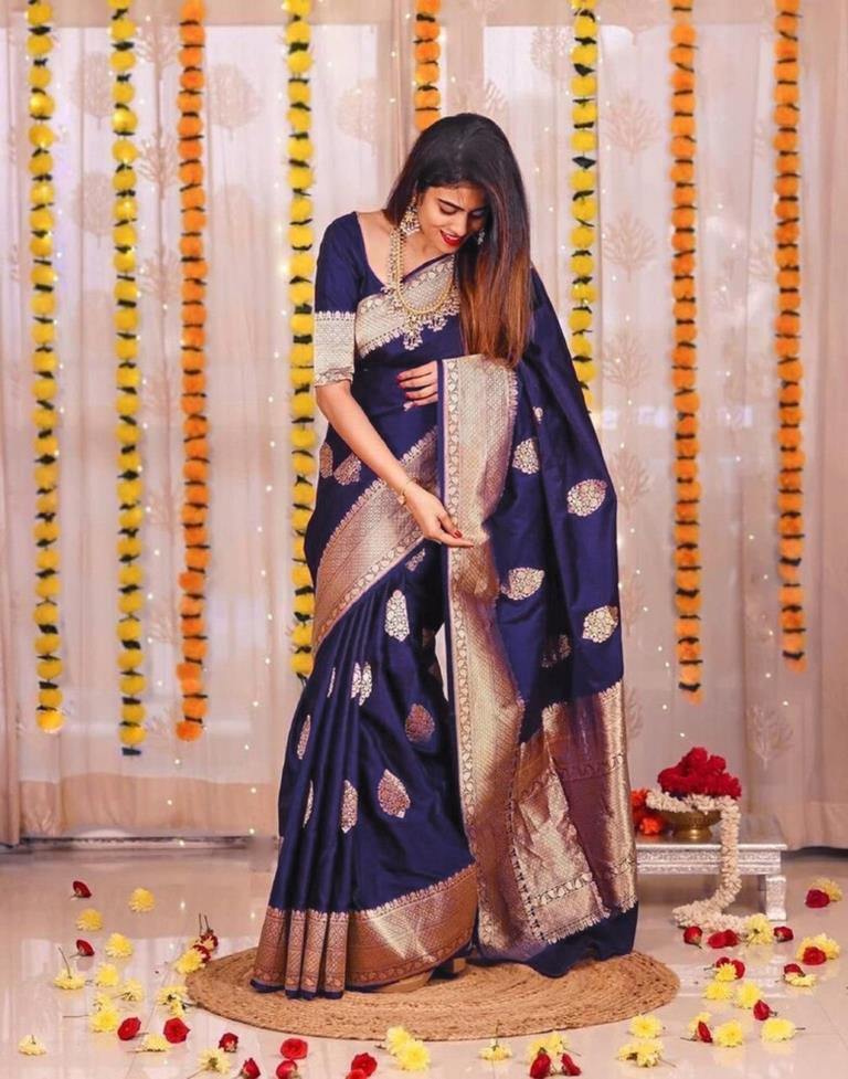 Navy Blue Banarasi Silk Saree | Sudathi