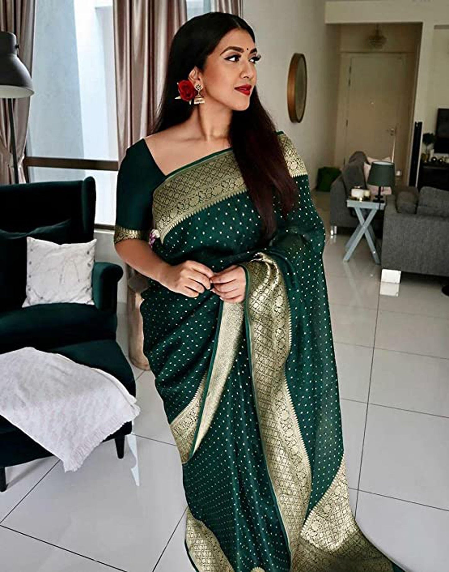 Bottle Green Banarasi Silk Saree | Sudathi