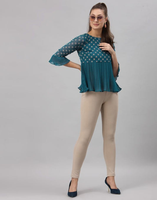 Teal Colored Georgette Printed Top | Sudathi