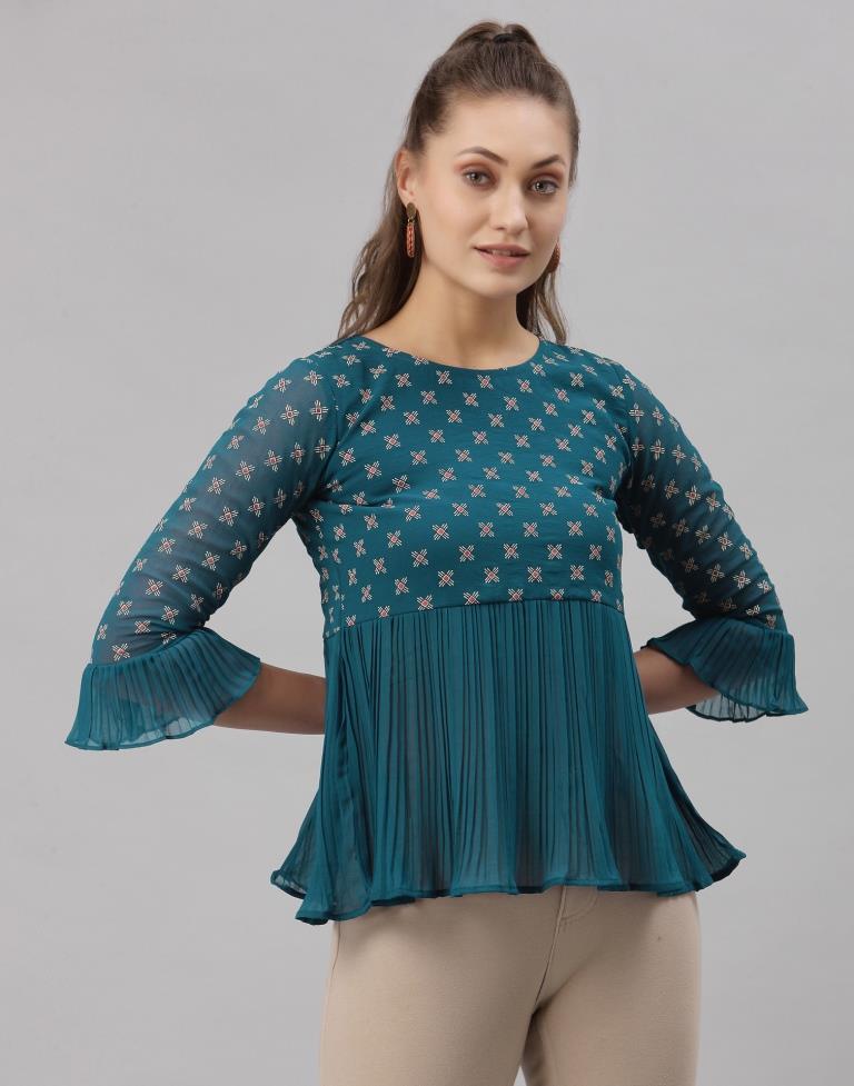 Teal Colored Georgette Printed Top | Sudathi