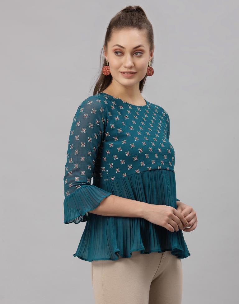 Teal Colored Georgette Printed Top | Sudathi