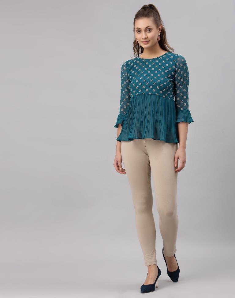 Teal Colored Georgette Printed Top | Sudathi