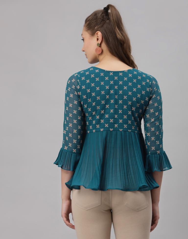 Teal Colored Georgette Printed Top | Sudathi