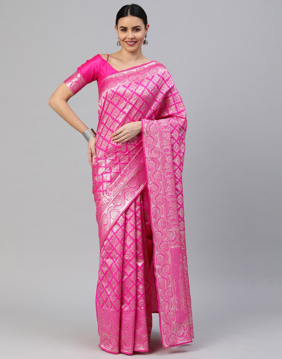 Pink And Silver Kanjivaram Silk Saree | Sudathi