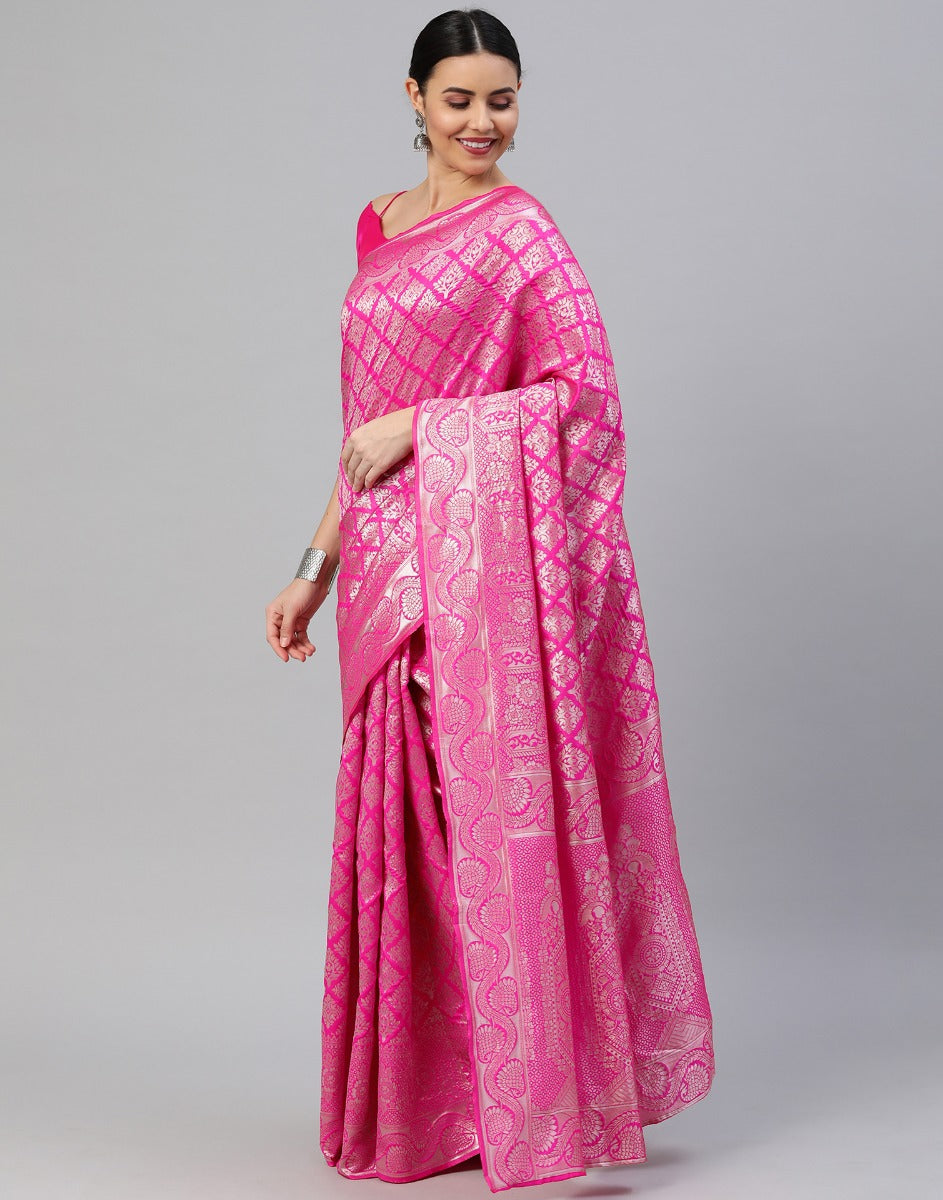 Pink And Silver Kanjivaram Silk Saree | Sudathi