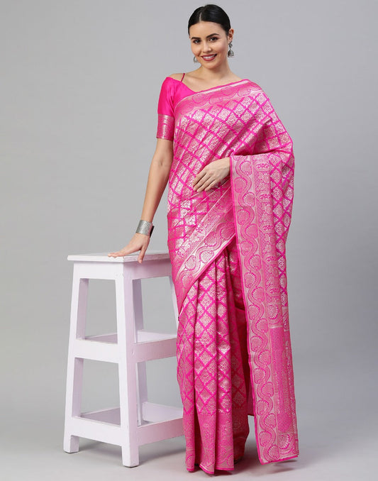 Pink And Silver Kanjivaram Silk Saree | Sudathi