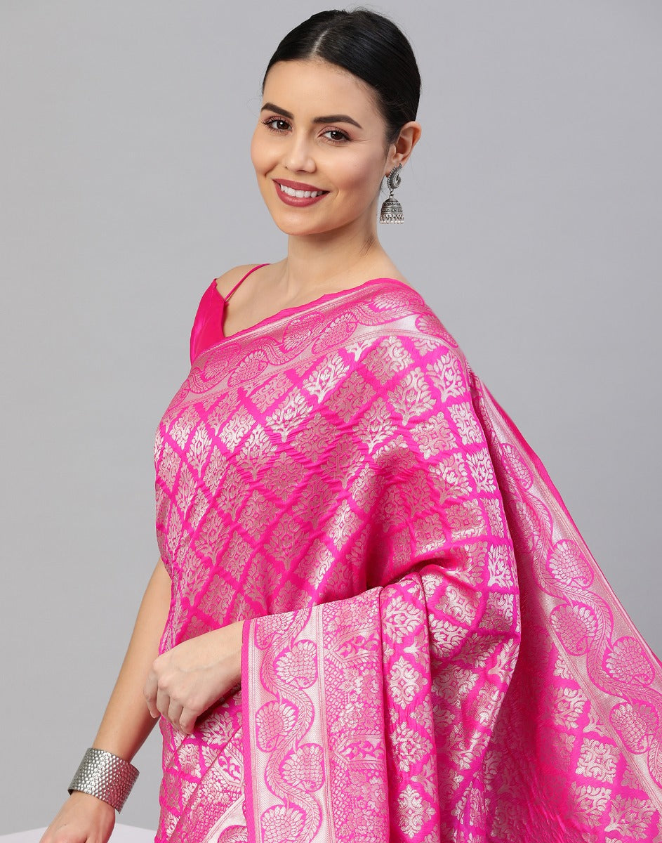 Pink And Silver Kanjivaram Silk Saree | Sudathi