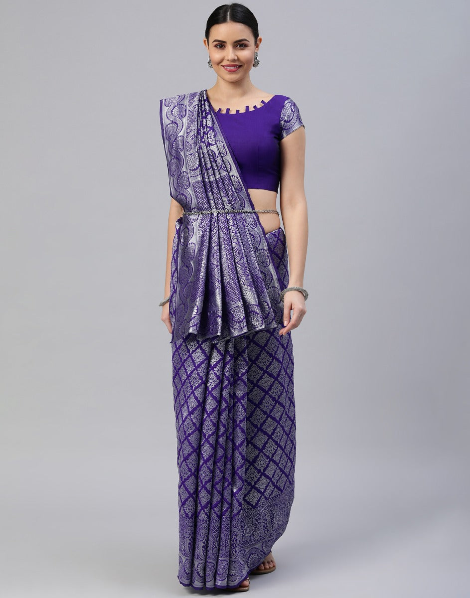 Violet And Silver Kanjivaram Silk Saree | Sudathi