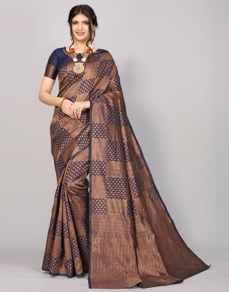 Dark Blue And Dark Golden Kanjivaram Silk Saree | Sudathi