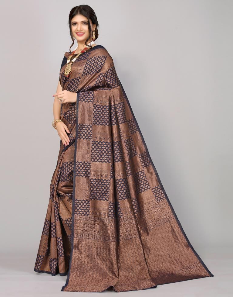 Dark Blue And Dark Golden Kanjivaram Silk Saree | Sudathi