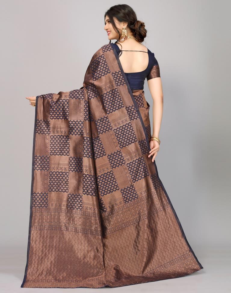 Dark Blue And Dark Golden Kanjivaram Silk Saree | Sudathi