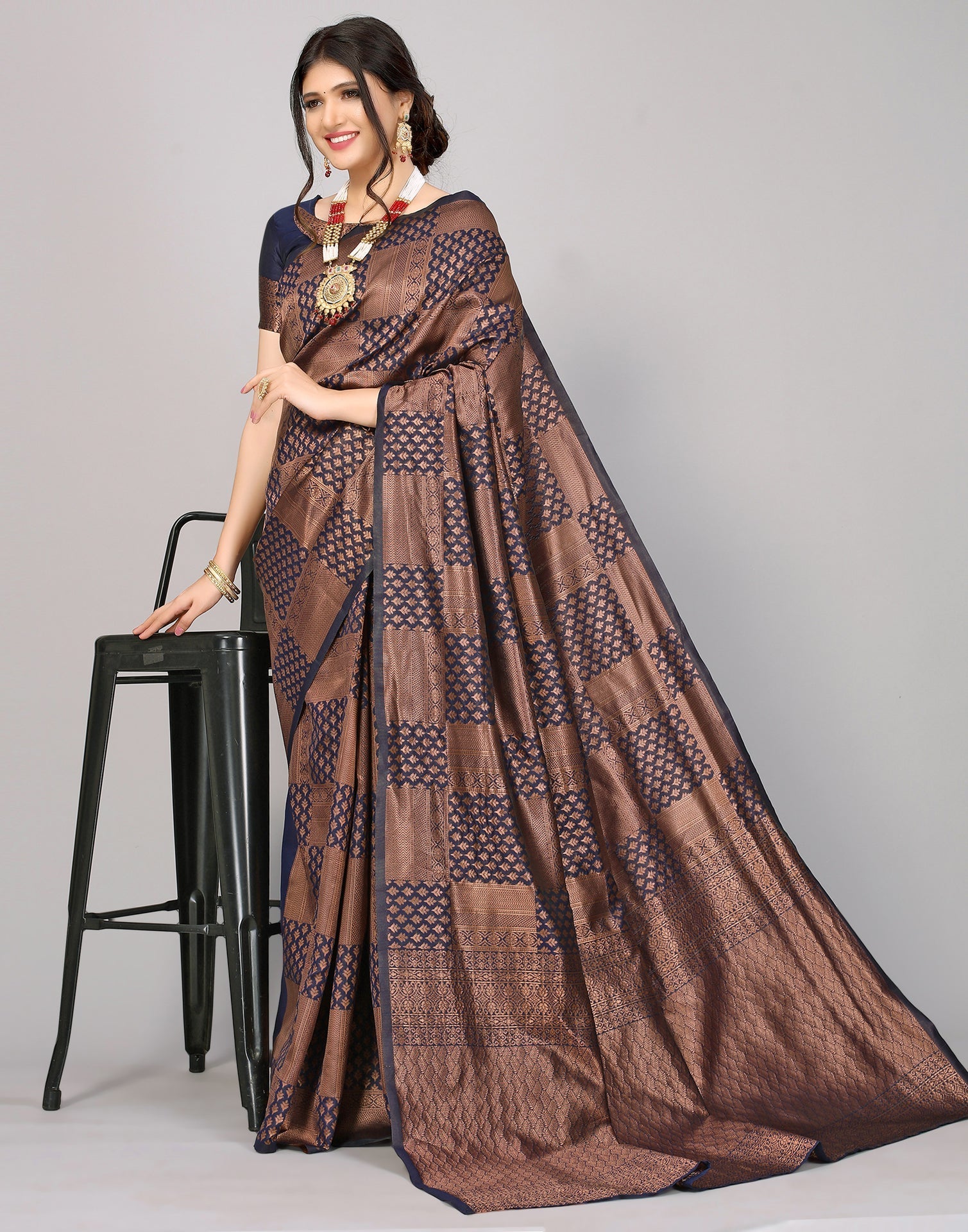 Dark Blue And Dark Golden Kanjivaram Silk Saree | Sudathi