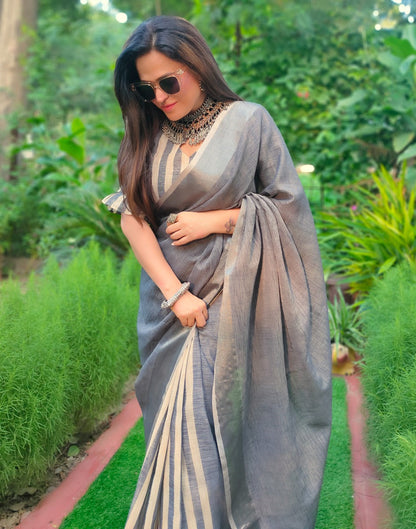 Grey Cotton Plain Woven Saree | Sudathi