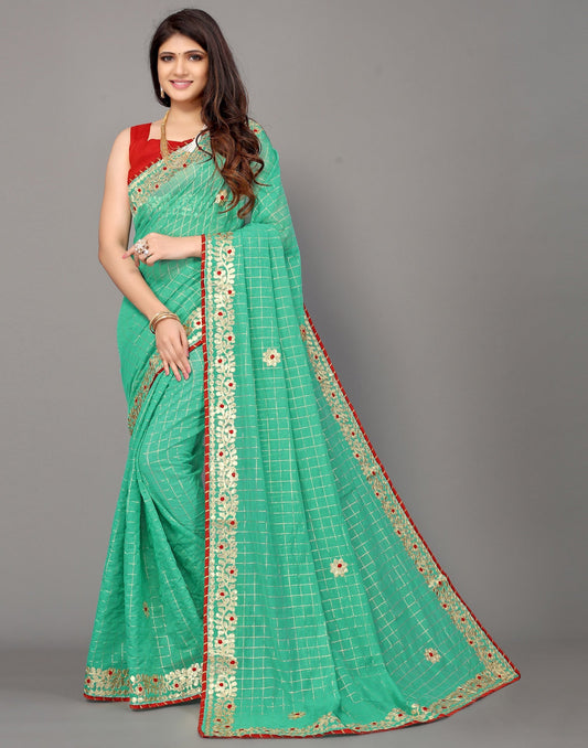 Turquoise Green Cotton Geometric Woven Saree | Leemboodi