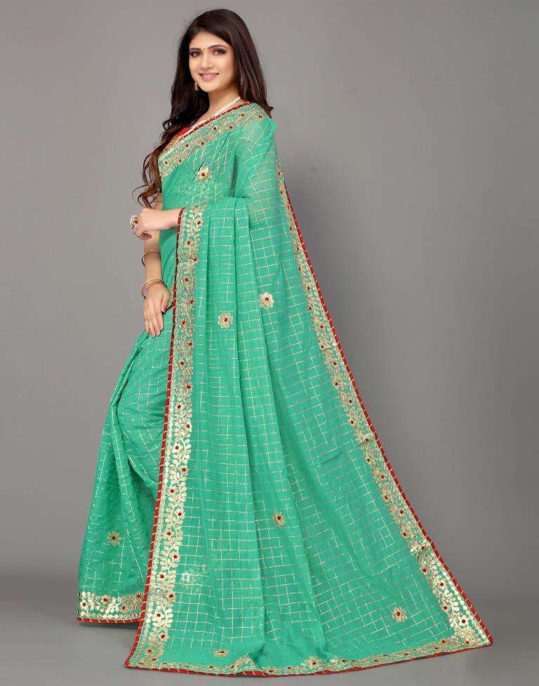 Turquoise Green Cotton Geometric Woven Saree | Leemboodi