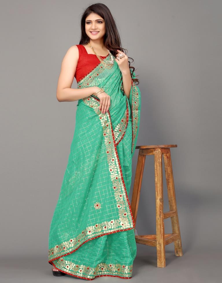 Turquoise Green Cotton Geometric Woven Saree | Leemboodi