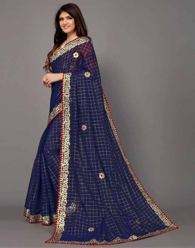 Navy Blue Cotton Geometric Woven Saree | Sudathi